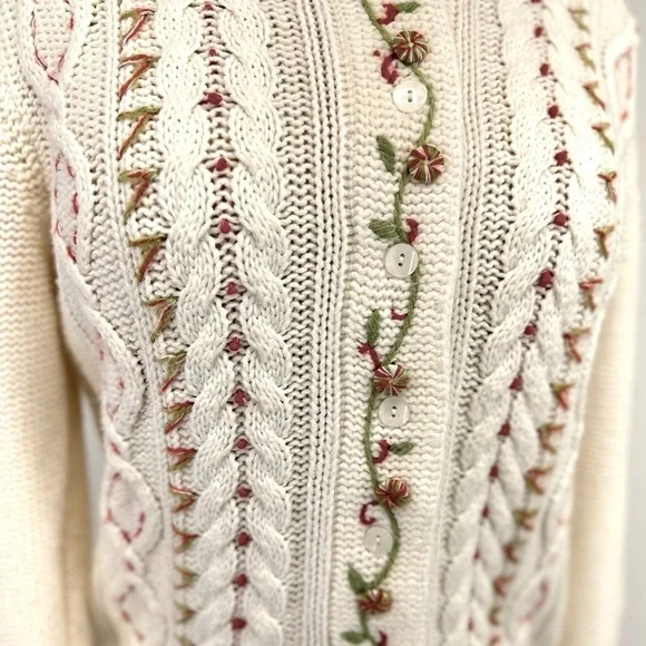 Christopher & Banks Button Down Hand Embroidered Christmas Sweater Cream/Red Med - Picture 3 of 11